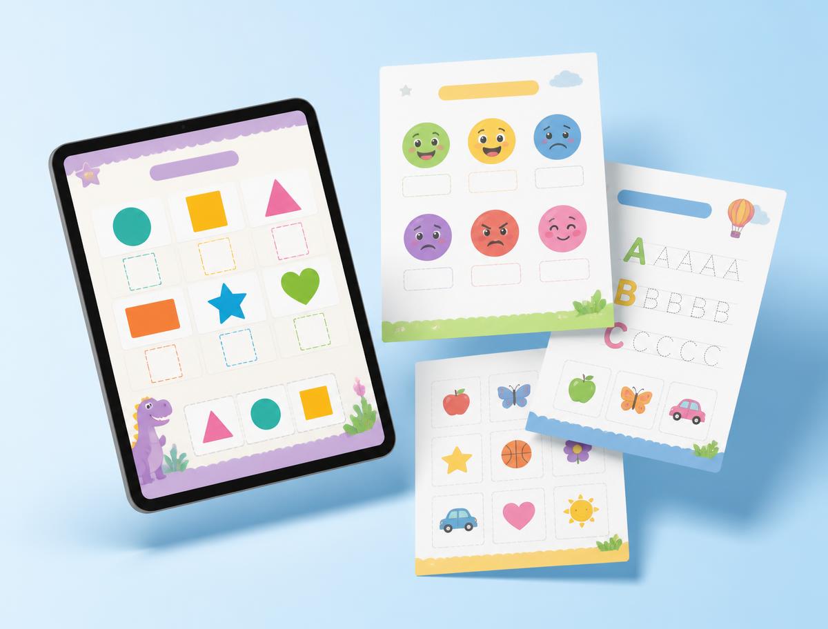 Biblioteca de atividades para crianças com autismo exibida em tablet e páginas impressas