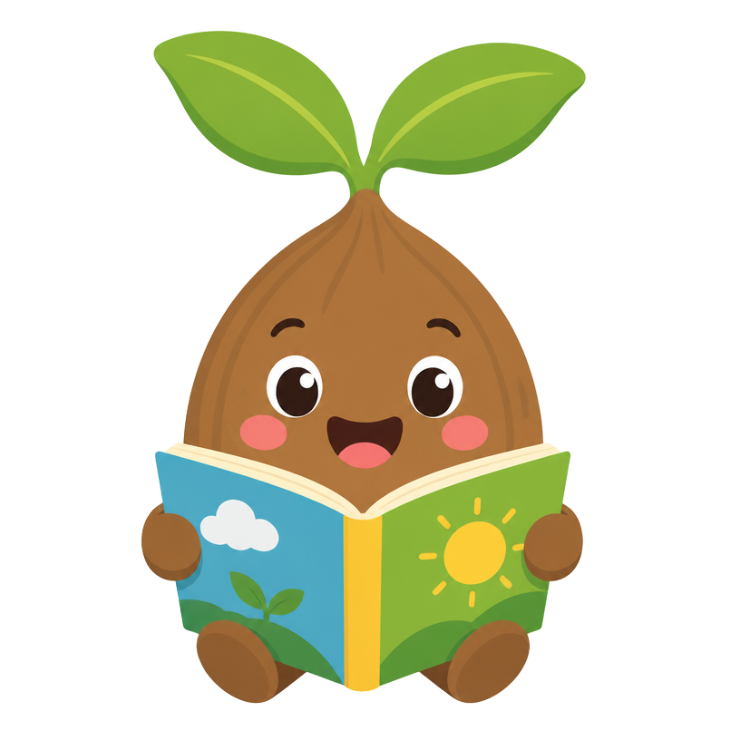 Mascote Sementinha segurando um livro aberto