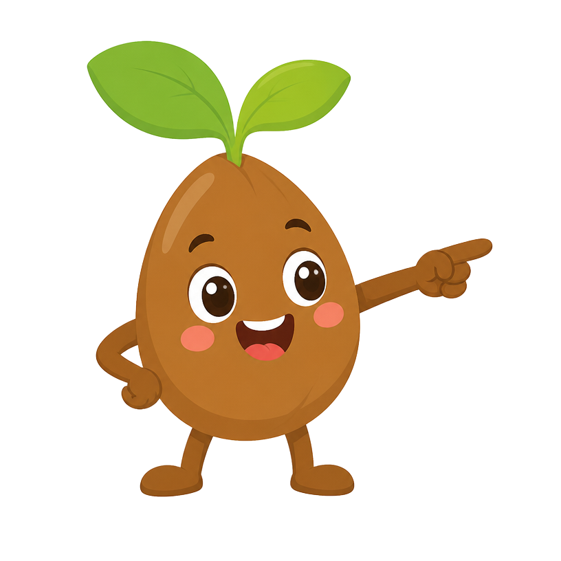 Mascote Sementinha apontando para o botão de compra