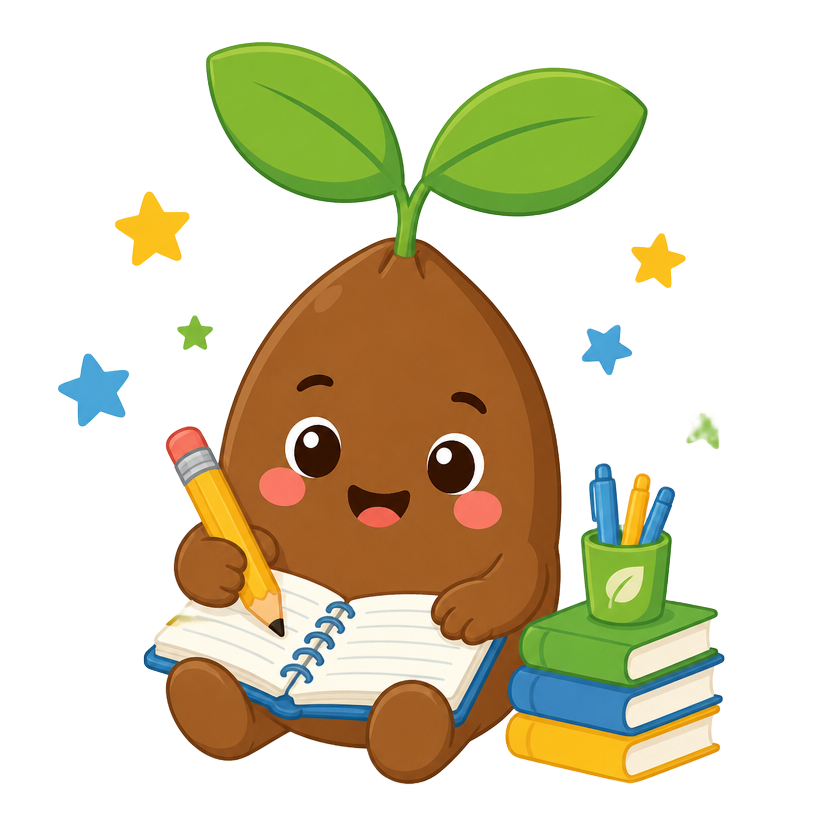 Mascote Sementinha estudando com lápis e caderno